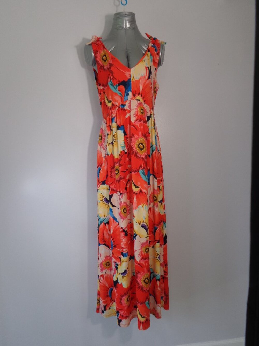 T TAHARI V-Neck Orange Floral Print Sleeveless Maxi Lined Stretch Dress Size 8